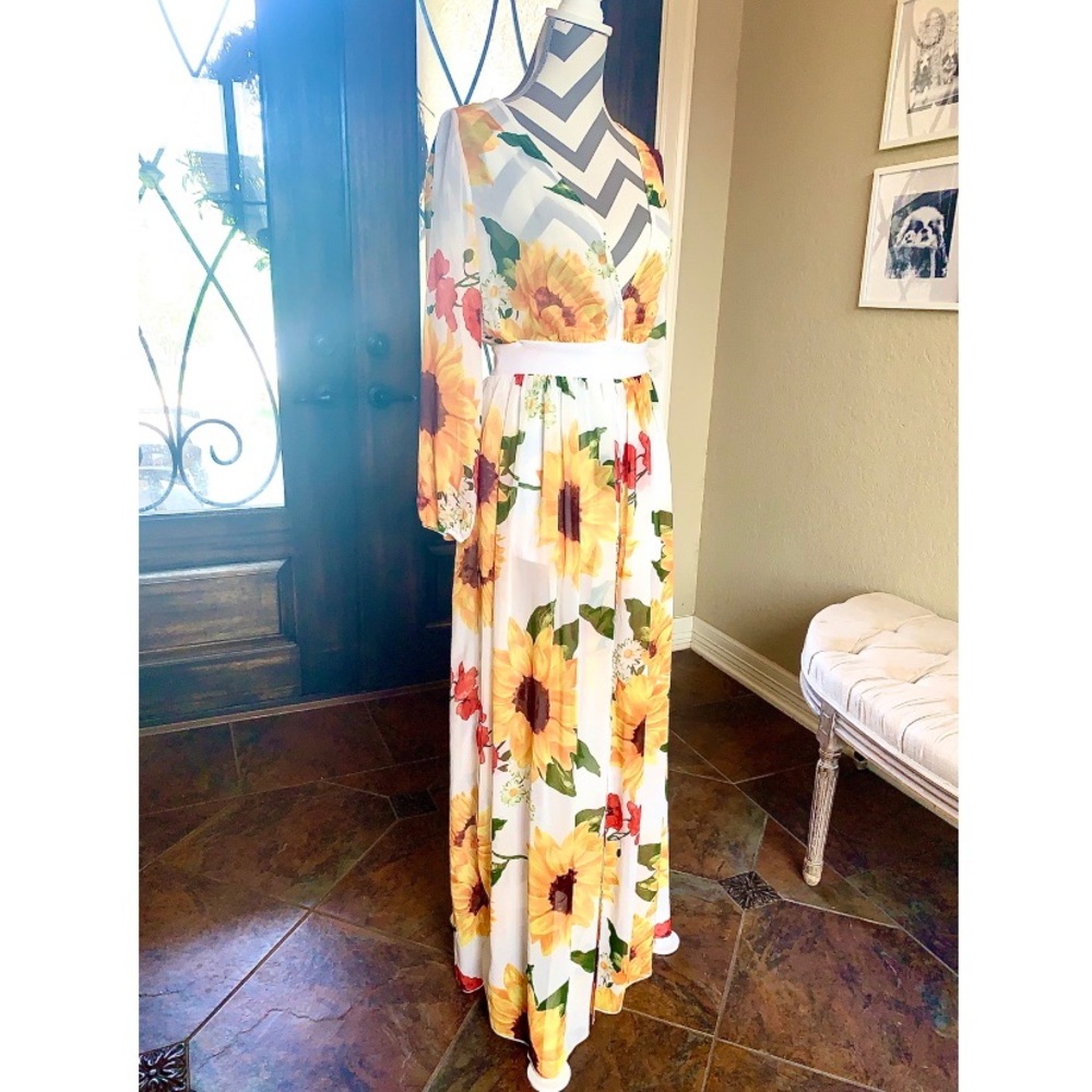 Sunflower long sleeve, deep v, maxi romper